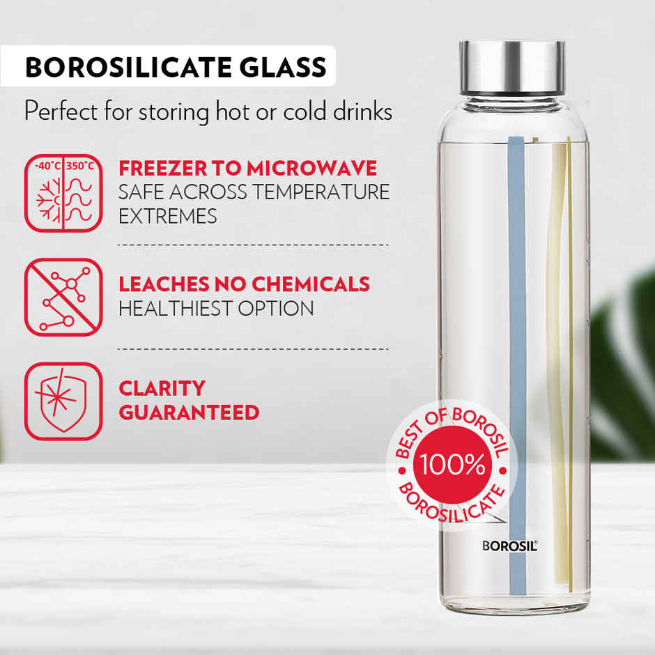 Borosil Sintra Narrow Mouth Bottle with Metal Lid Borosilicate Glass Dishwasher Safe