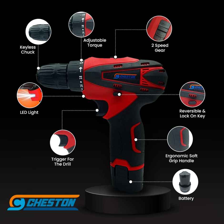 Cheston Cordless 12V Drill Kit with 24 pcs Red & Black - Reversible and Variable Speeds