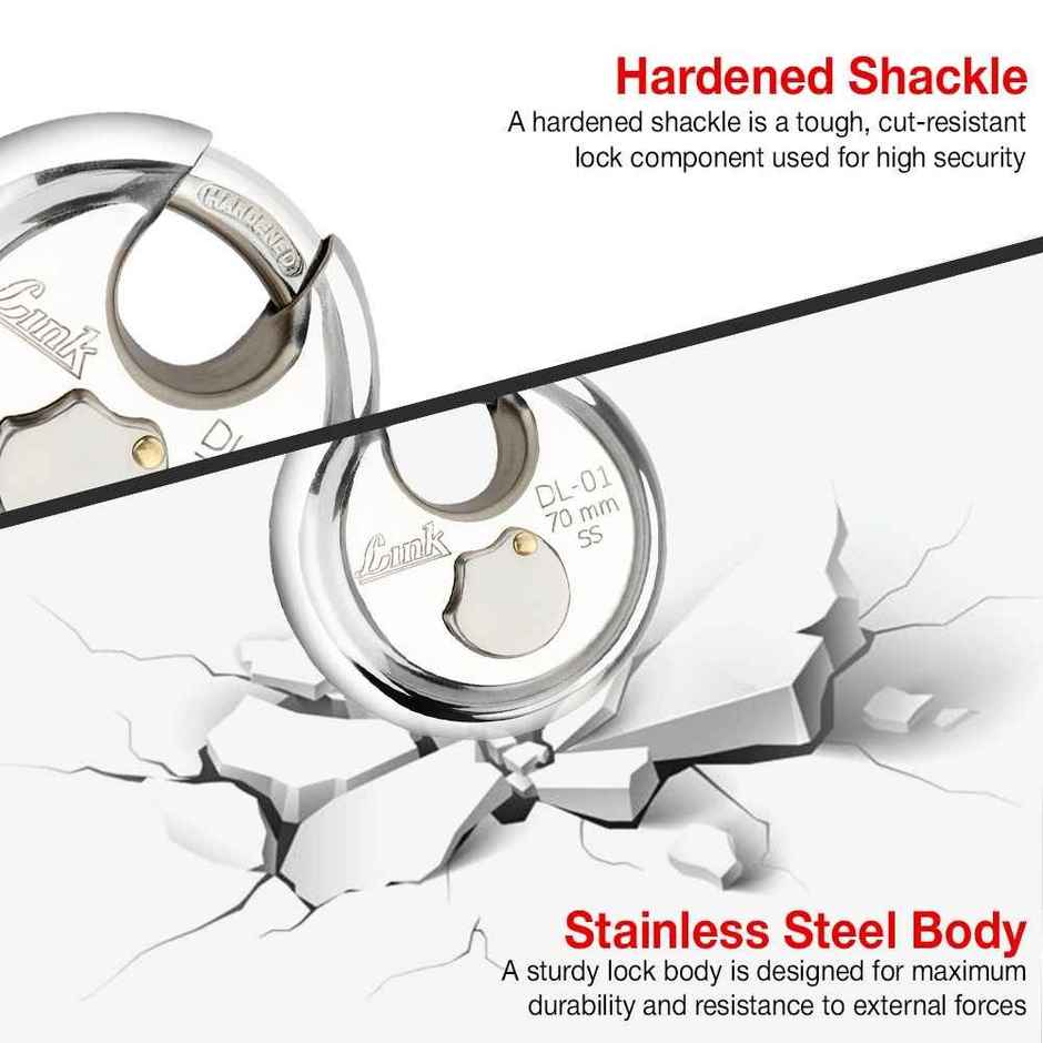Link Stainless Steel Disc Lock DL-01 70mm with Hardened Shackle & 3 Nickel Silver Keys