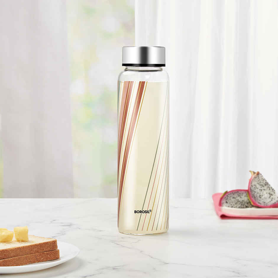 Borosil Prism Wide Mouth Bottle with Metal Lid Borosilicate Glass Dishwasher Safe