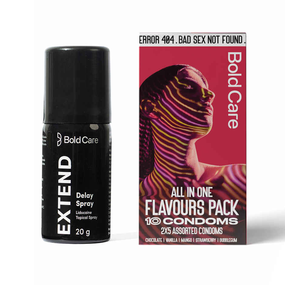 Bold Care Extend Delay Spray With Lidocaine 10% (20g) & Bold Care 404 By All-In-One Flavours Pack Condoms - Chocolate, Strawberry, Mango, Vanilla, & Bubblegum (10pc) Combo
