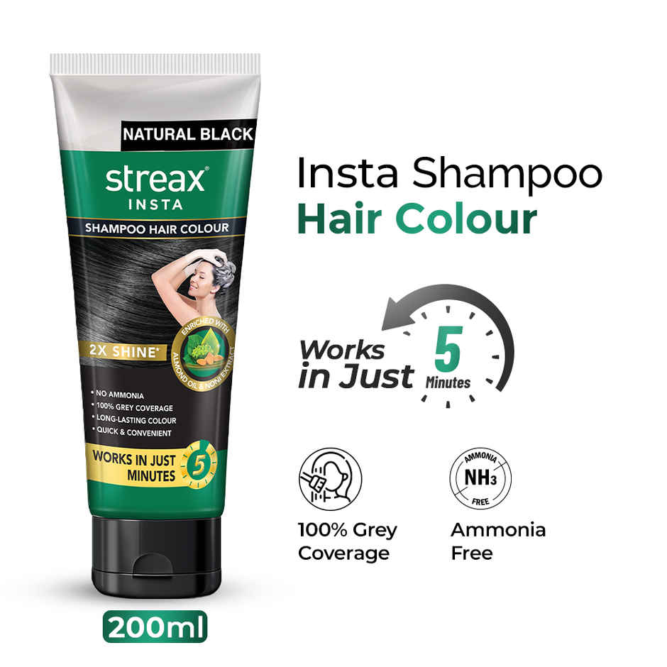 Streax Insta Shampoo Hair Colour - Natural Black, Easy Diy- Squeeze Pack