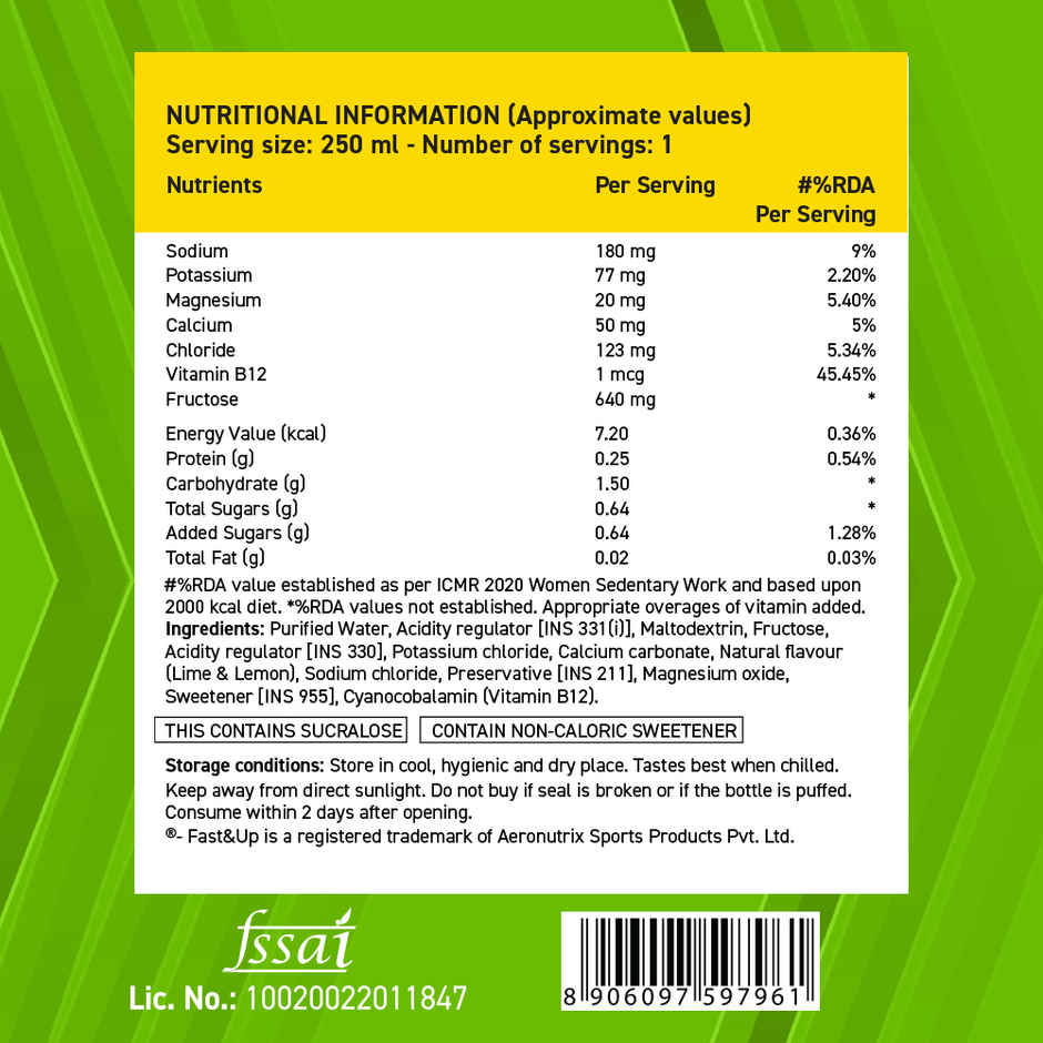Fast&Up Reload Lemon Low Sugar Energy Drink l Instant Electrolytes | Healthy & Refreshing Drink