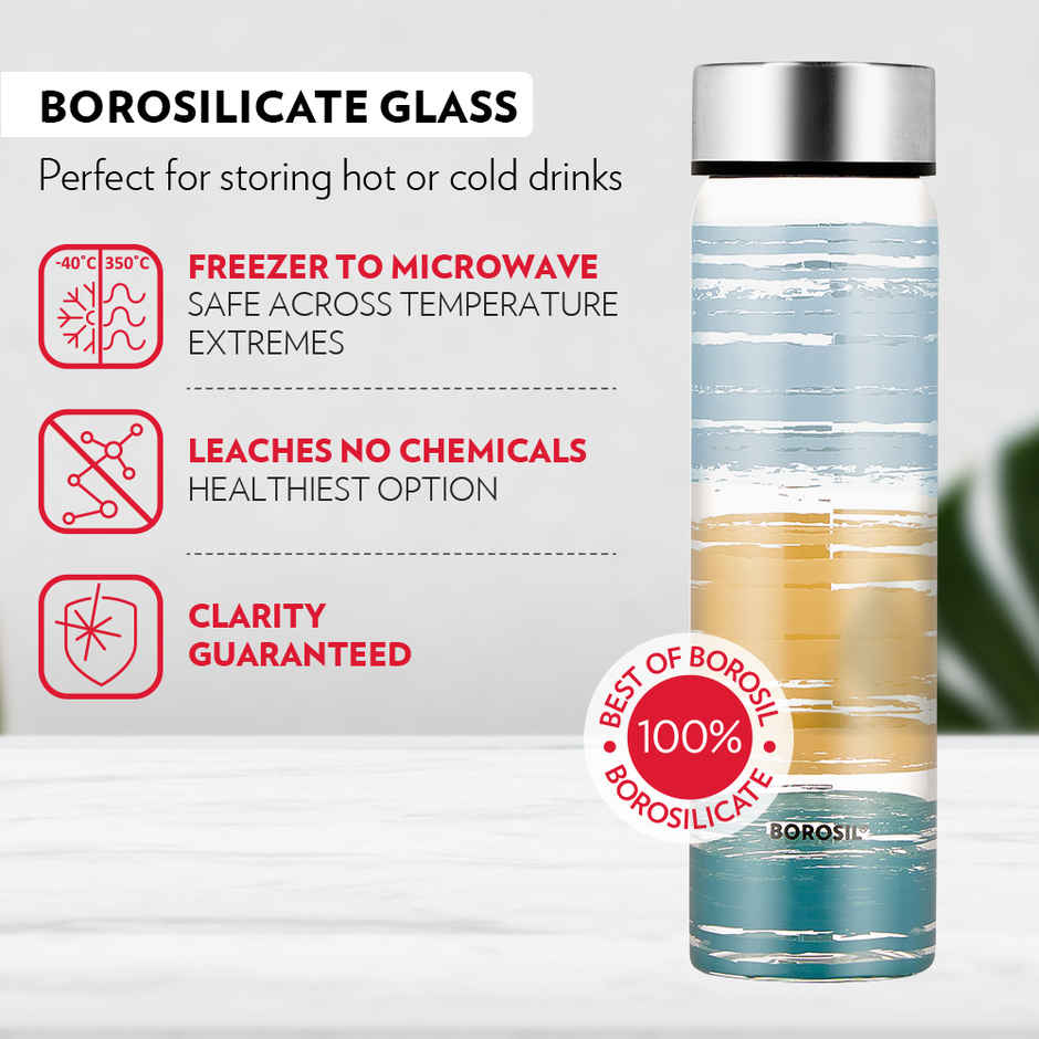 Borosil Glance Wide Mouth Bottle with Metal Lid | Borosilicate Glass | Dishwasher Safe - 550 ml