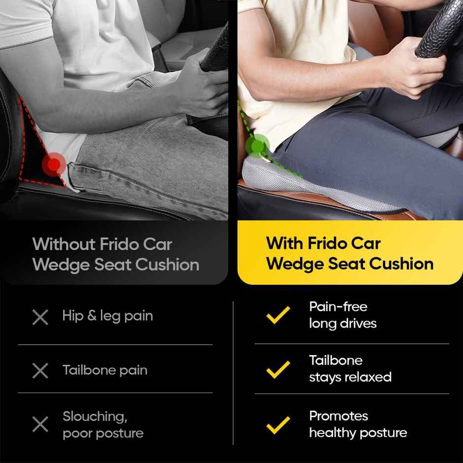 Frido Ultimate Car Wedge Seat Cushion | Memory Foam Cushion Weight <120 kg | Grey