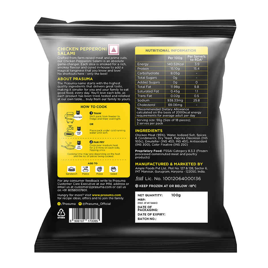 Prasuma Chicken Pepperoni Salami, 100g | Smoked & Cured Tangy Flavour | Fresh Chicken, No Soya