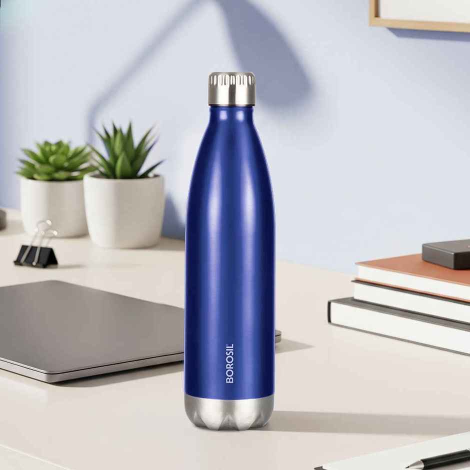 Borosil Bolt Double Wall Vacuum Insulated Stainless Steel Water Bottle | Trans Blue | 500 ml