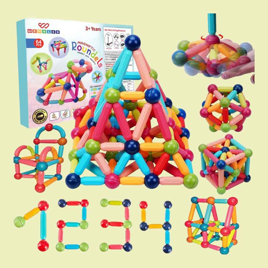 Wembley Magnetic Sticks Building Blocks For Kids Toys For Girls 3+ Yrs Magnet Balls - 64 Pcs