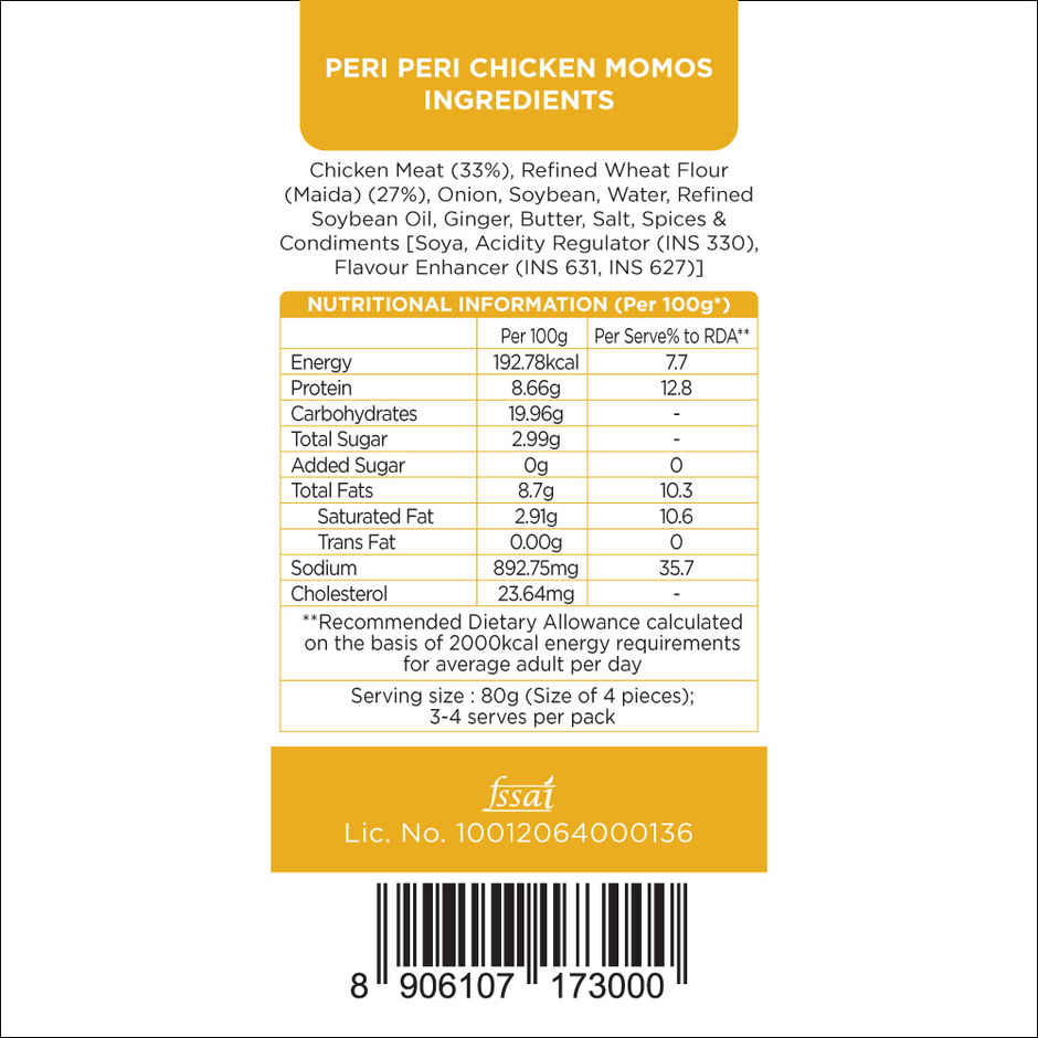 Prasuma Peri Peri Chicken Momos | Tangy Chicken Filling | No Preservatives, MSG or Palm Oil