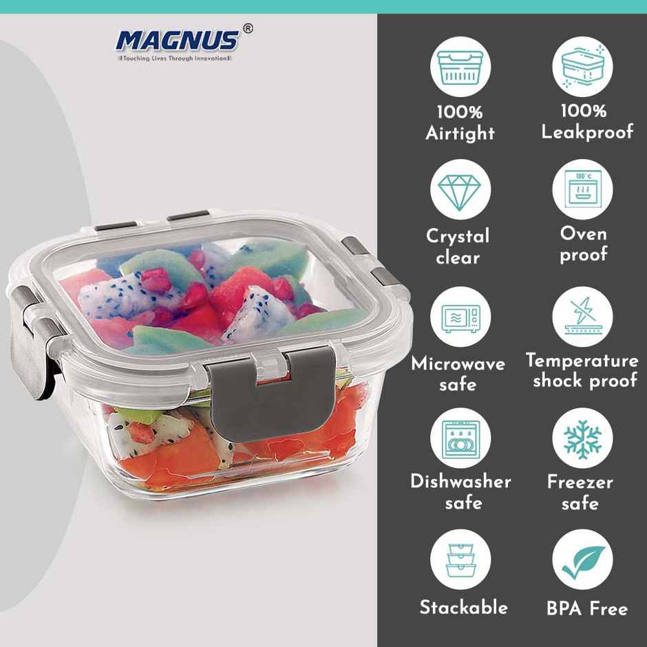 Magnus Glock 320 ml Square Grey Container with Airtight Lid & Detachable Lock, Borosilicate Glass