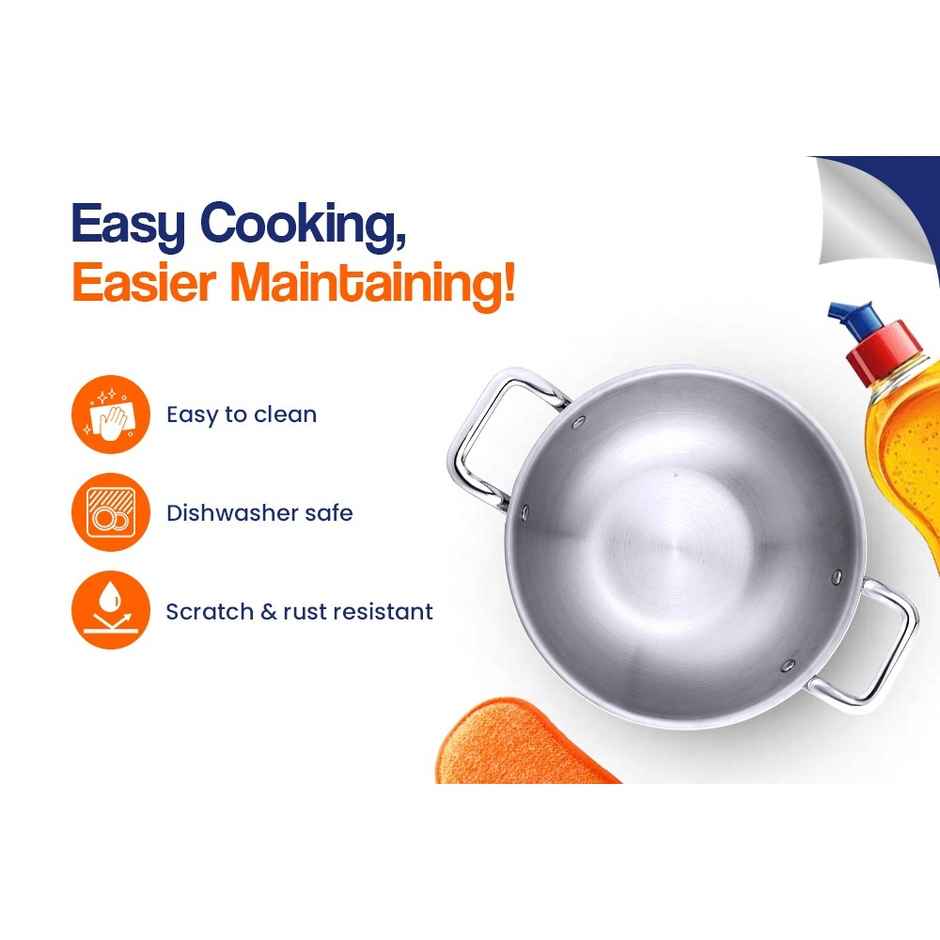 Bhalaria Triply Stainless Steel Kadai | 24 cm | 2.5 L | Glass Lid | Gas & Induction Compatible