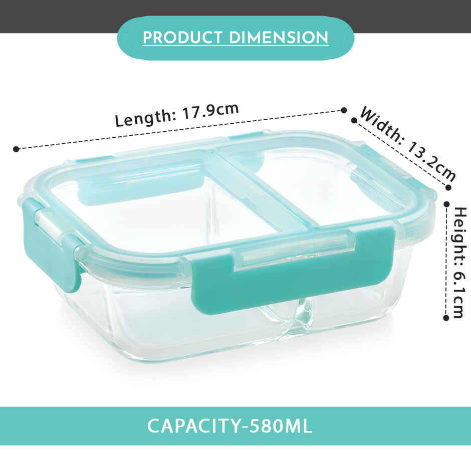 Magnus Glock 580 ml Divider Green Container with Airtight Lid & Detachable Lock, Borosilicate Glass