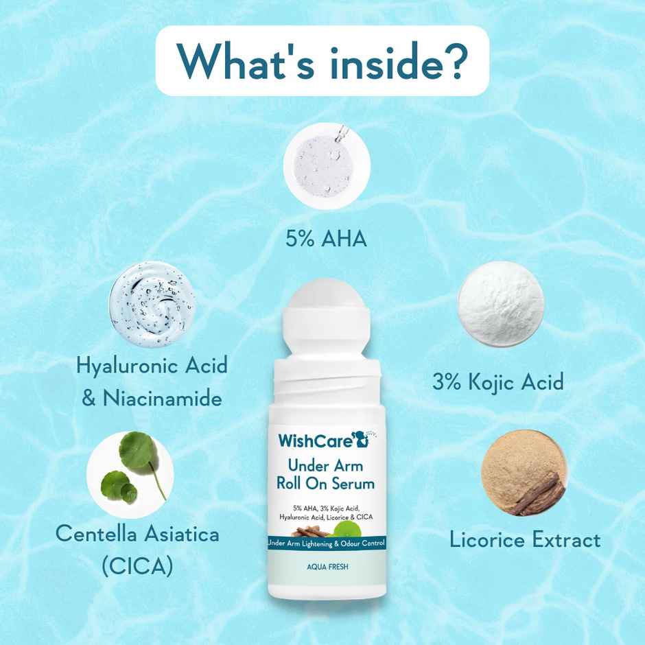 Wishcare Under Arm Roll On Serum - 5% Aha 3% Kojic Acid - Underarm Lightening & Odour Control -Aqua