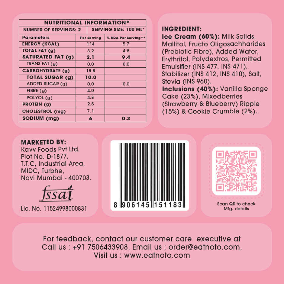 NOTO Berry Shortcake Sugar-Free Guilt Free Ice Cream Tub