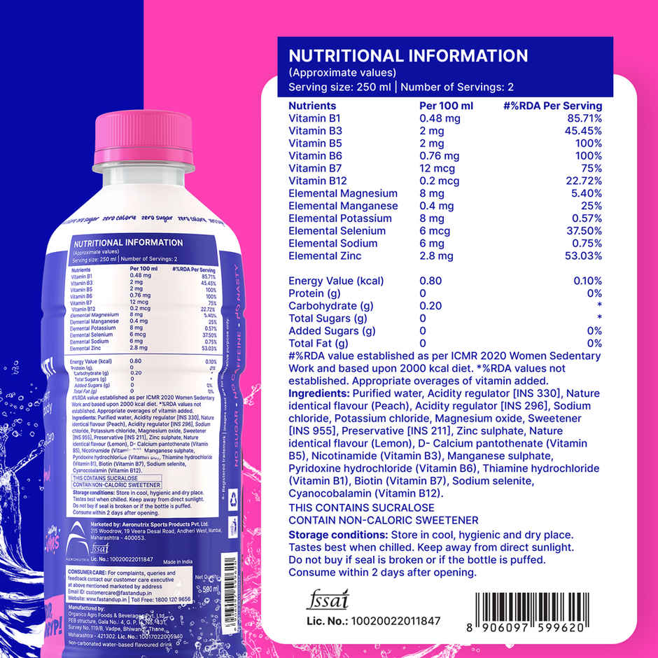 Fast&Up Dryp Vitamin Water | Zero Sugar - Zero Calories - Peach Flavour