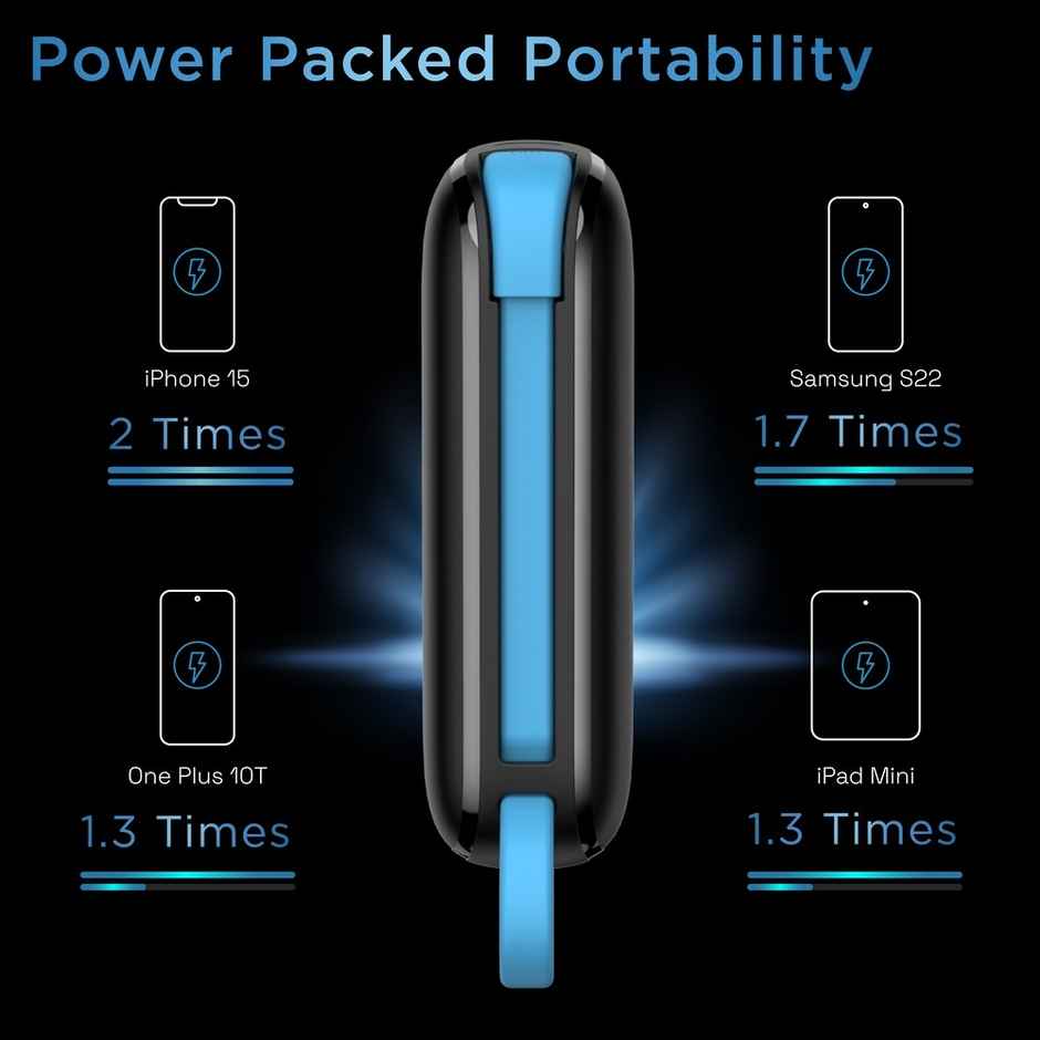 URBN 10000 mAh Nano Link Wired Power Bank with in-Built USB-C Cable| 22.5W Fast Charging | Type C PD (Input& Output) | Made in India | Two Way Fast Charge | for iPhone, Android & More - Black