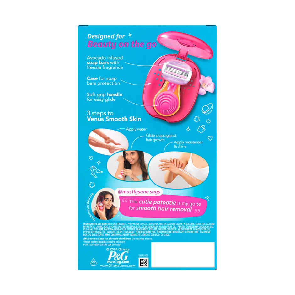 Gillette Venus Snap Hair Remover Women Body Razor Compact Case|Soap Gel Bar With Avocado