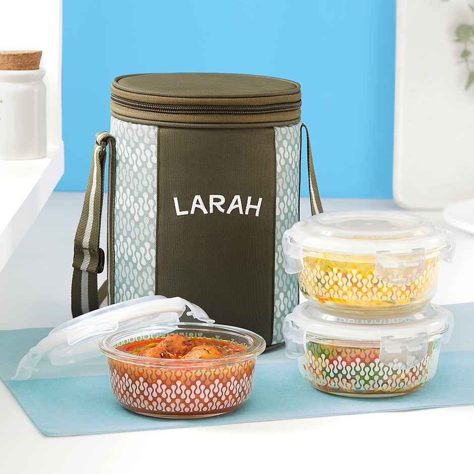 Larah Glassware Gracia Borosilicate Glass Lunchbox, 3pc Round Container | 400 ml | Microwave Safe