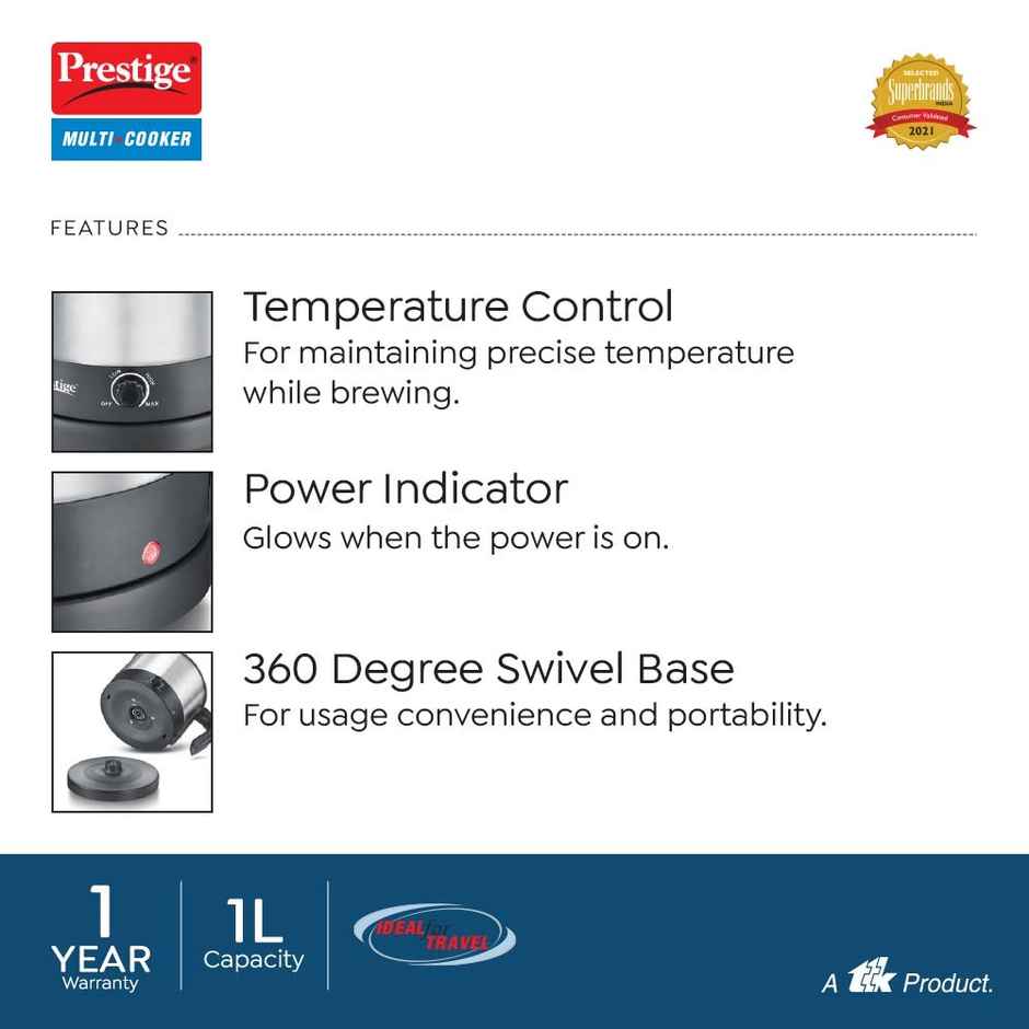 Prestige Multi Cooker 1 Litre, 600 Watts, Stylish SS Body, Easy Cleaning, Silver, 1 Year Warranty