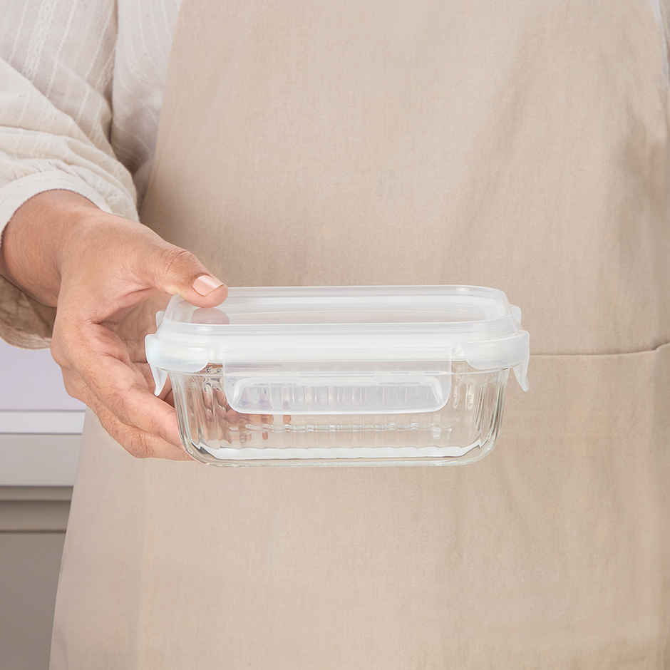 Borosil Fluted Klip N Store Rectangle Food Storage Container Borosilicate Glass Microwave Safe