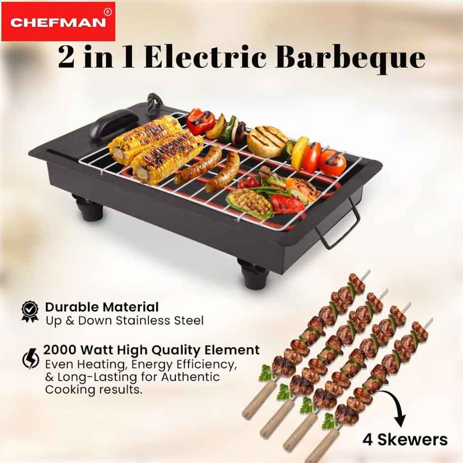 Chefman 2-in-1 Barbeque Grill | 2000W Electric & Charcoal Grill with 4 Skewers & 1 Grill