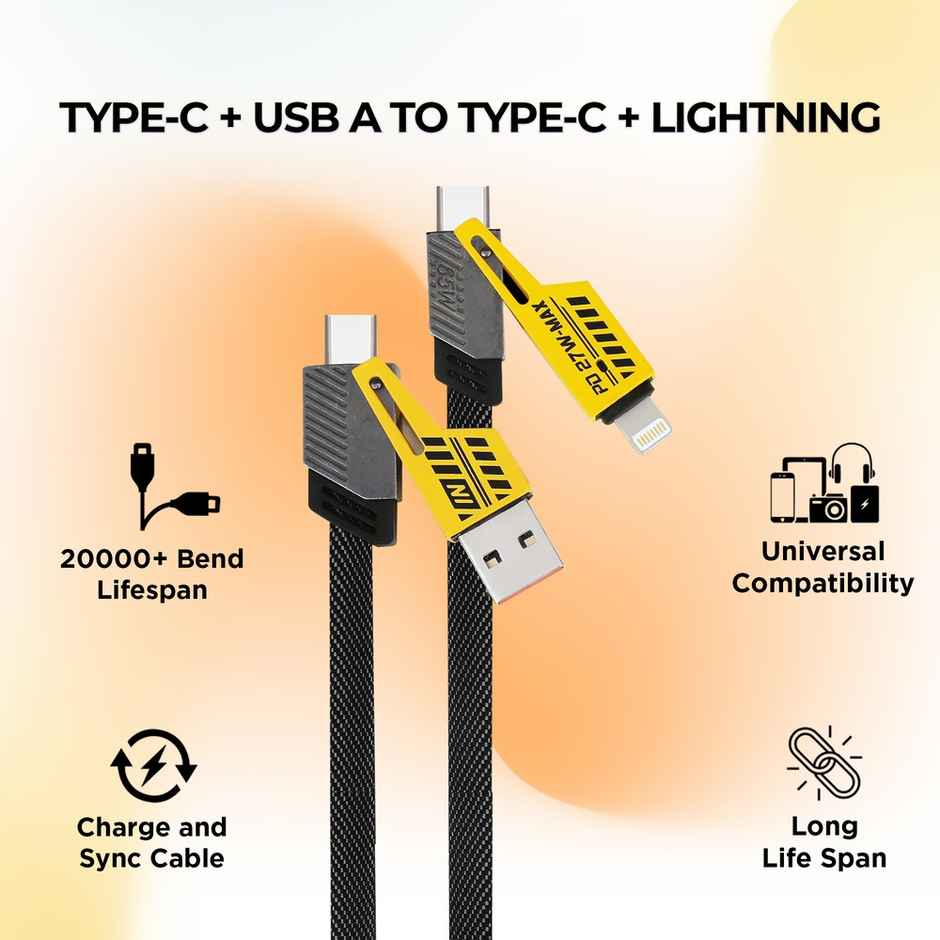 Gizmore 4 in 1 Multi Fast Charging Cable 65W| USB C to C| Lightning & Type C for iPhones| Android