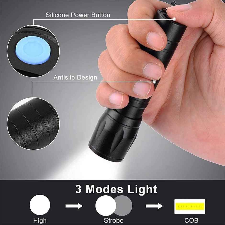 Desidiya LED Flashlight with COB Light Mini Torch Waterproof Portable LED Flashlight USB Rechargeable 3 Modes Light Flashlight - Black