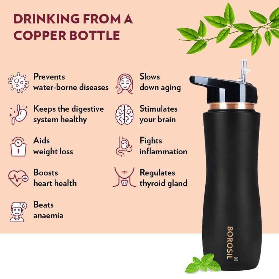 Borosil Black Colour Copper Sipper Bottle 750 ml, 100% Pure Copper