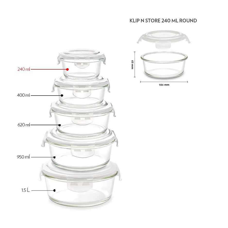 Borosil Klip N Store Storage Container With Airtight Lid (240 ml) | Borosilicate Glass