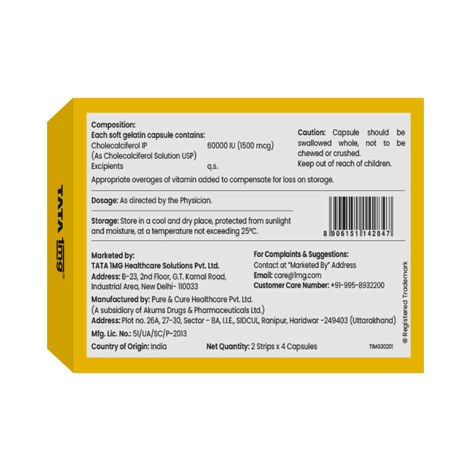 Tata 1mg Vitamin (D3) 60K | Cholecalciferol Supplement for Bone Health, Immunity & Muscle Strength