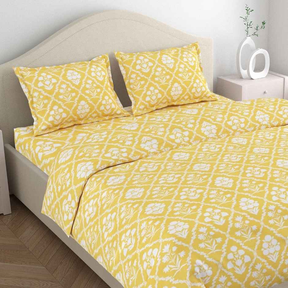 Haus & Kinder Marigold Majesty 186 TC Cotton Double Bedsheet | Yellow Printed | Flat Sheet