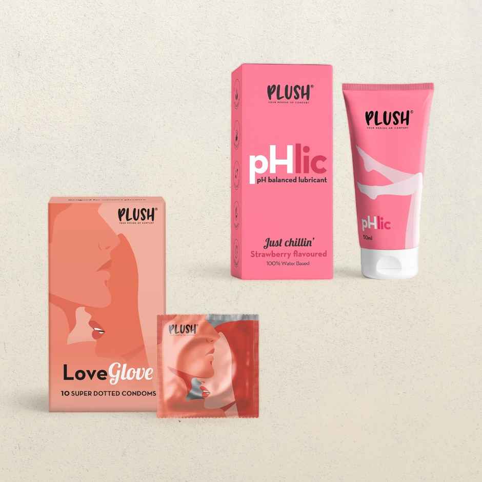 Plush Male Condom-Love Glove-Super Dotted | Designed For Women Pleasure(10pc) & Plush Phlic Lubricant - Strawberry Chill(50gms) Combo