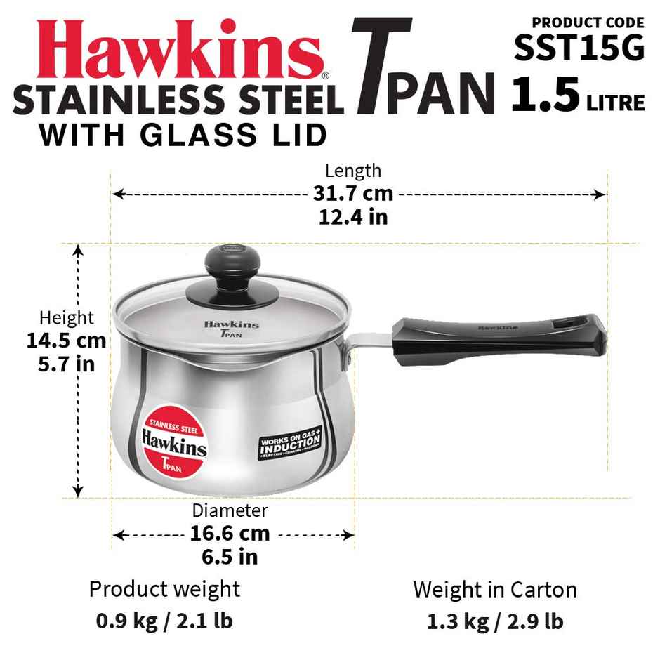 Hawkins 1.5 Litre Stainless Steel Tea Pan With Glass Lid, Induction Sauce Pan, Silver (Sst15G)