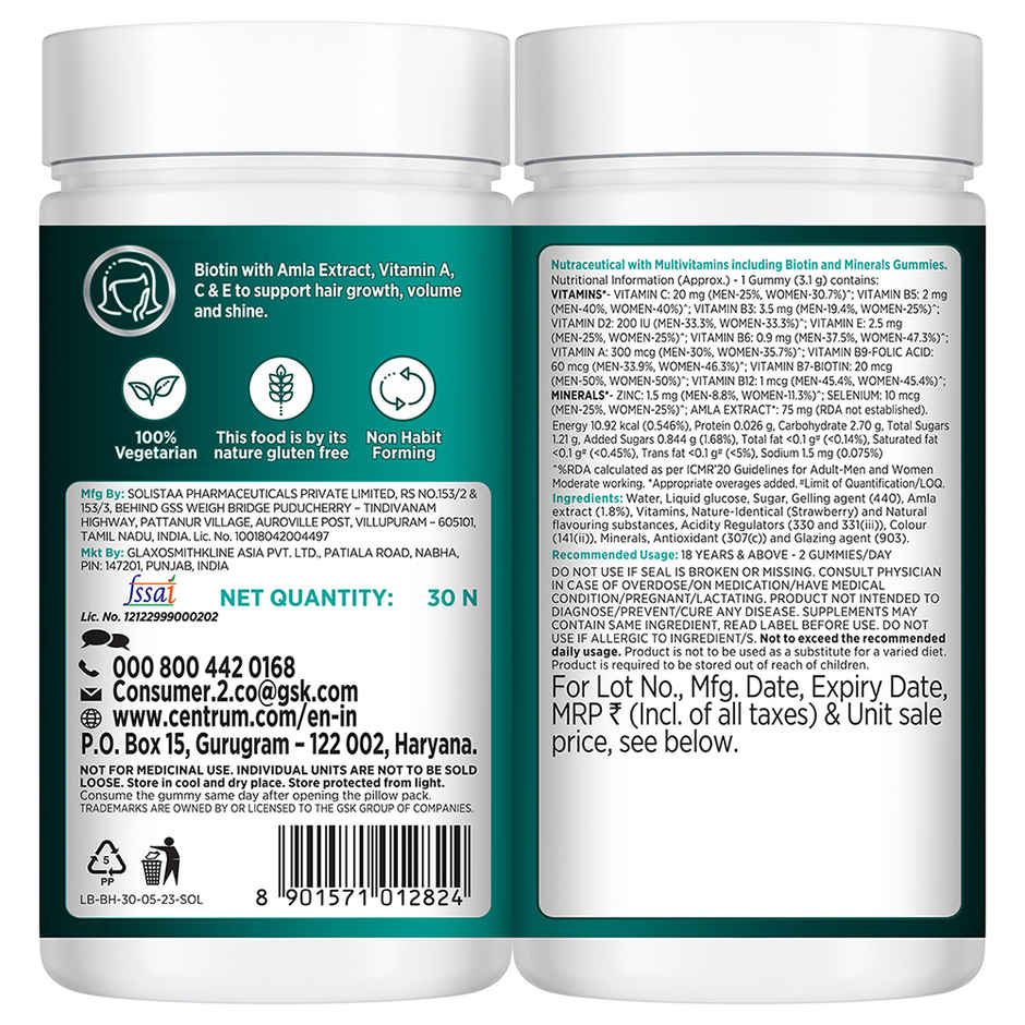 Centrum Healthy Hair Biotin+ Gummies with Amla Extract for Hair, Skin & Nails - 30 Veg Gummies