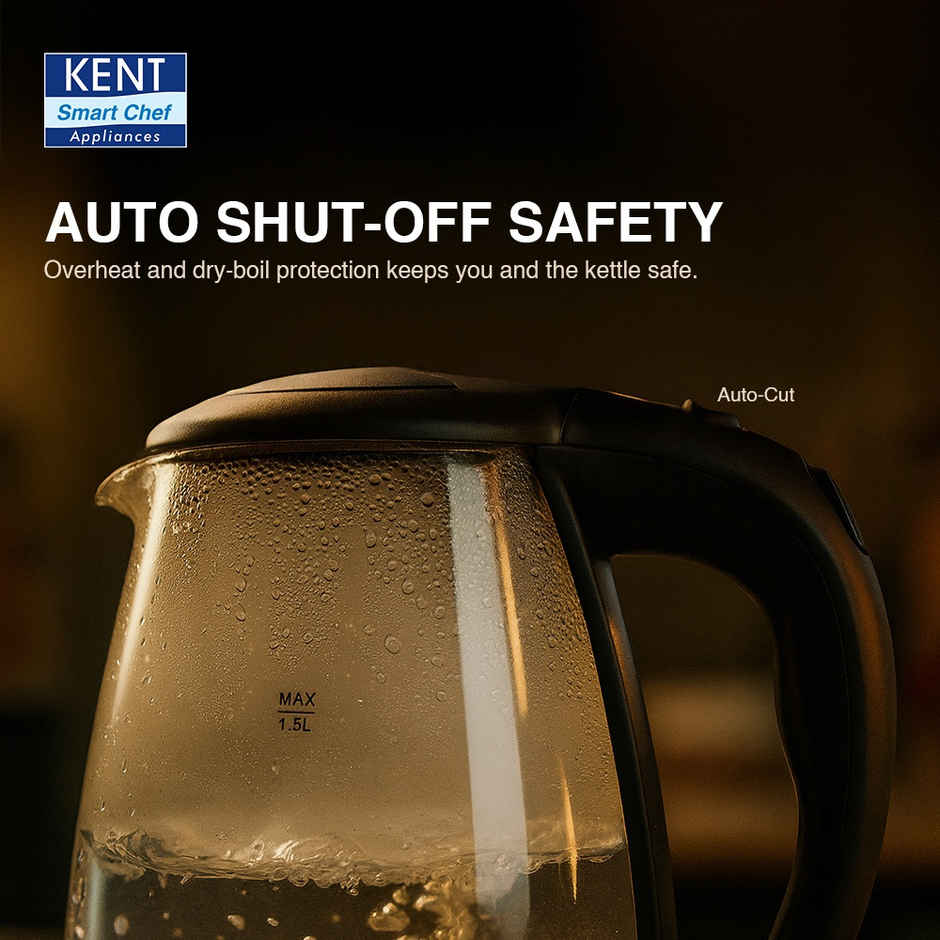 Kent Elegant Electric Glass Kettle 16052 1.8L Stainless Steel Heating Plate Borosilicate Glass Body
