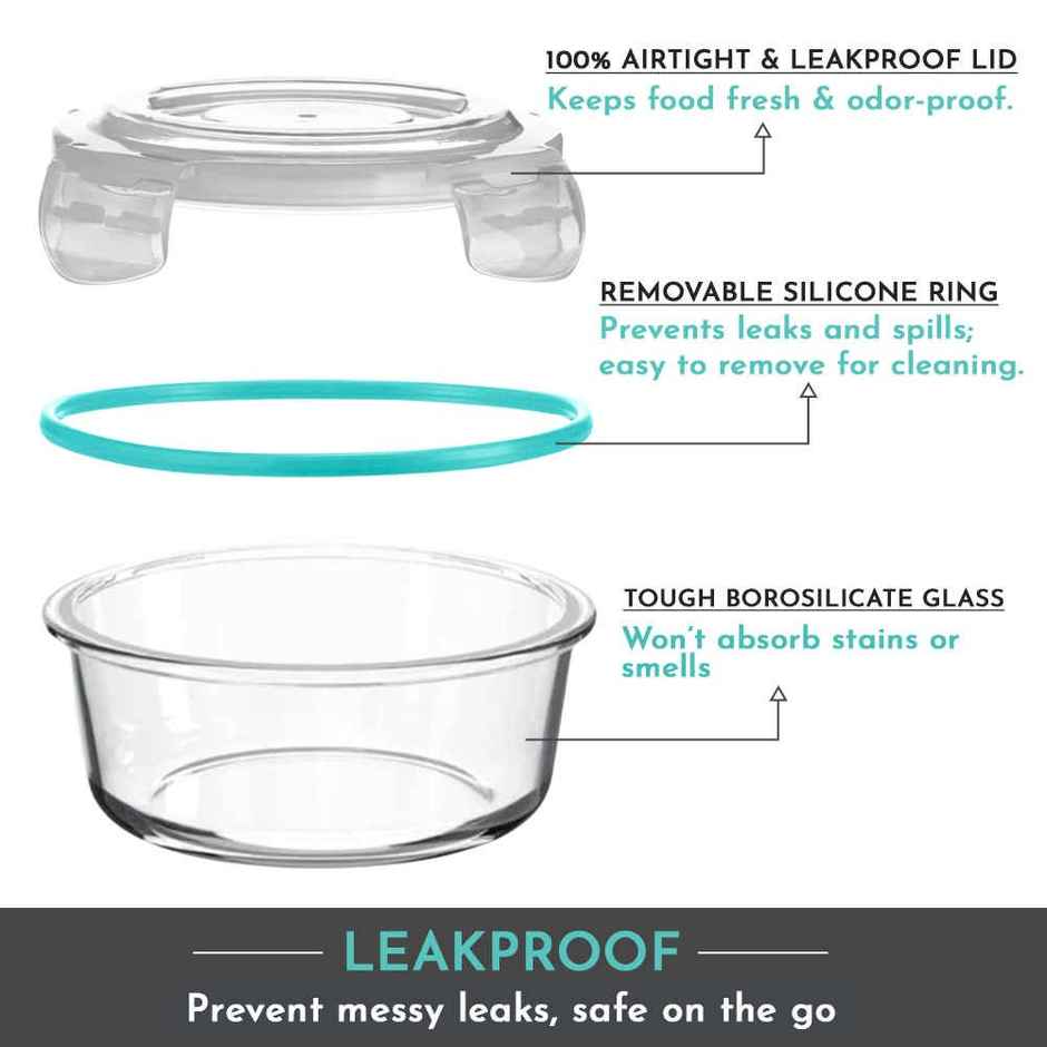 Magnus Vivid 400 ml Round Container with Airtight Lid & Fixed Lock, Borosilicate Glass