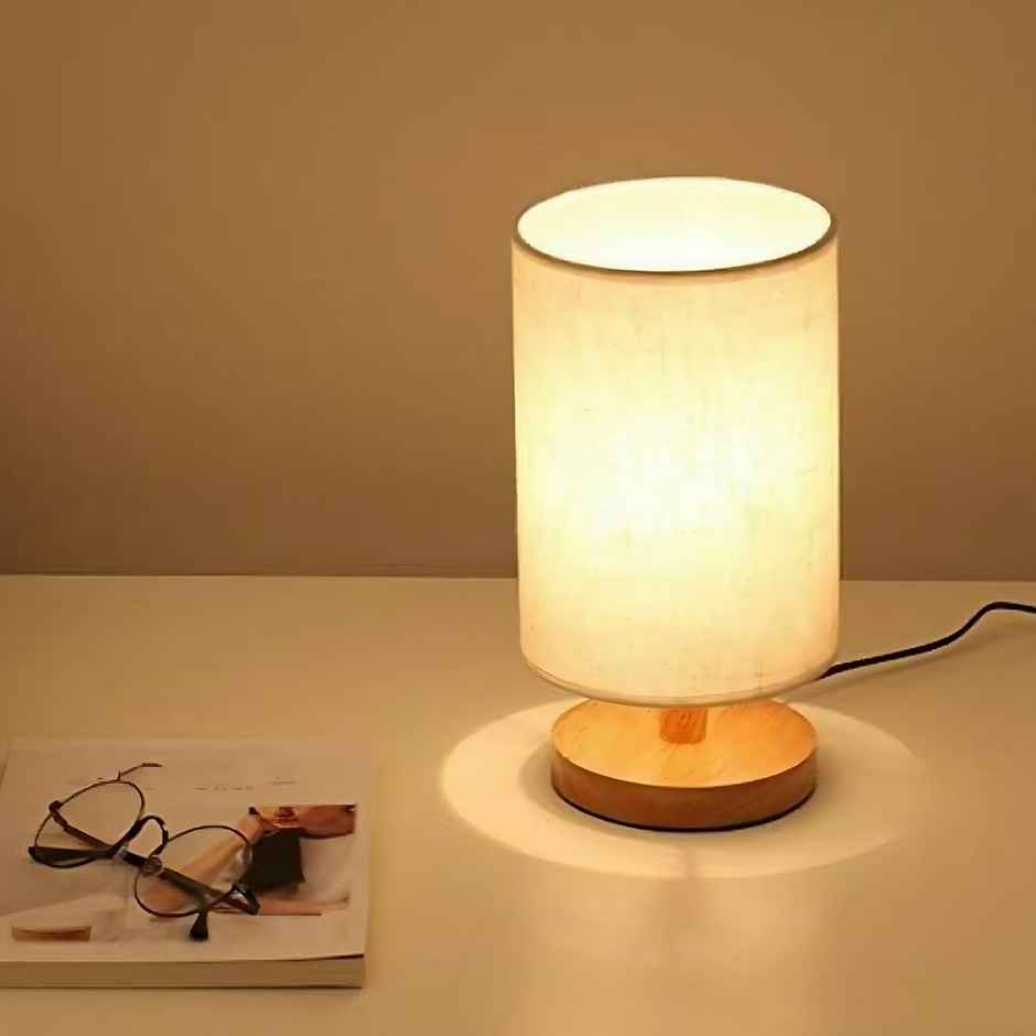 Desidiya Wooden Cylindrical Shade Bedside LED Table Lamp Side Table Lamp for Bedroom & Living Room