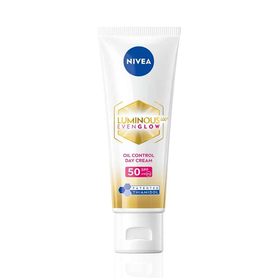 Nivea Luminous Even Glow Oil Control Serum| Thiamidol, Salicylic, Hyaluronic Acid| Reduces Dark Spot (40ml) & Nivea Luminous Even Glow Face Wash | Oil Free Formula, Aha, Aloe Vera, Guarana Extract | Deep Clean (100ml) & Nivea Luminous Even Glow Oil Control Day Cream Spf 50,Thiamidol |Uv Protection & Reduces Dark Spots (40ml) & Nivea Luminous Even Glow Night Cream |Thiamidol & Hyaluronic Acid |Moisturizes & Reduces Dark Spots (40ml) Combo