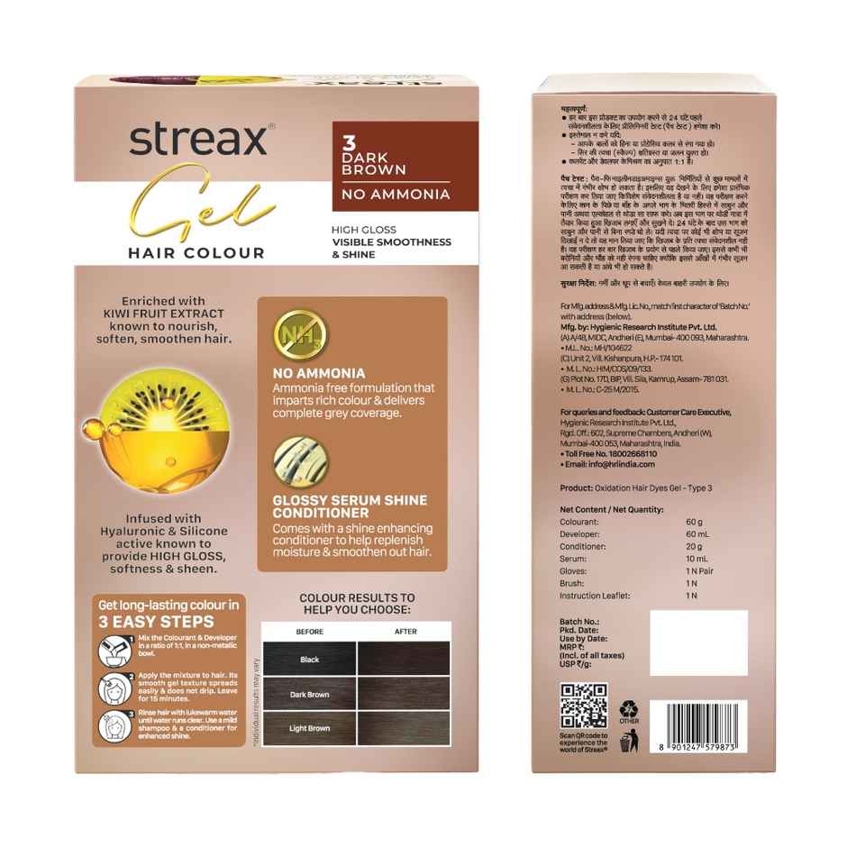 Streax Gel Hair Colour Dark Brown 3 , 150 ml |No ammonia hair color | 100% grey coverage 