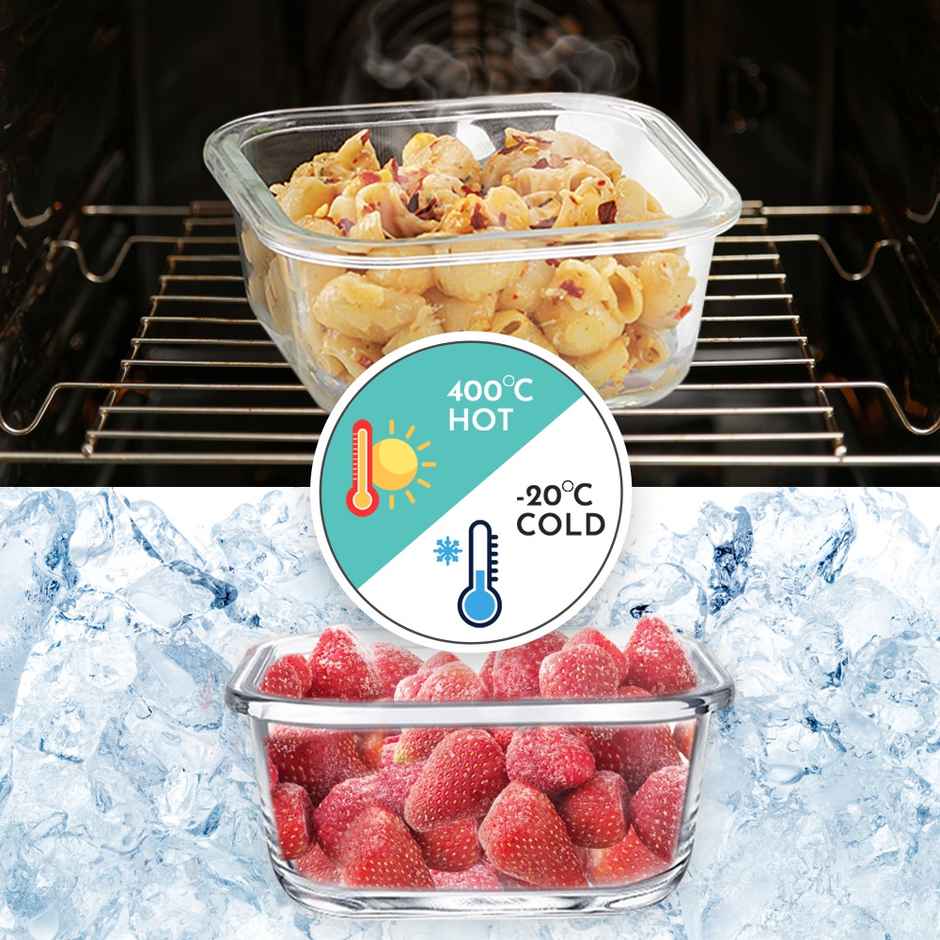 Magnus Vivid Solid Lunch Box With Bag, 1 SS Bottle, 3pc Square Containers (320 ml Each), Glass Tiffin