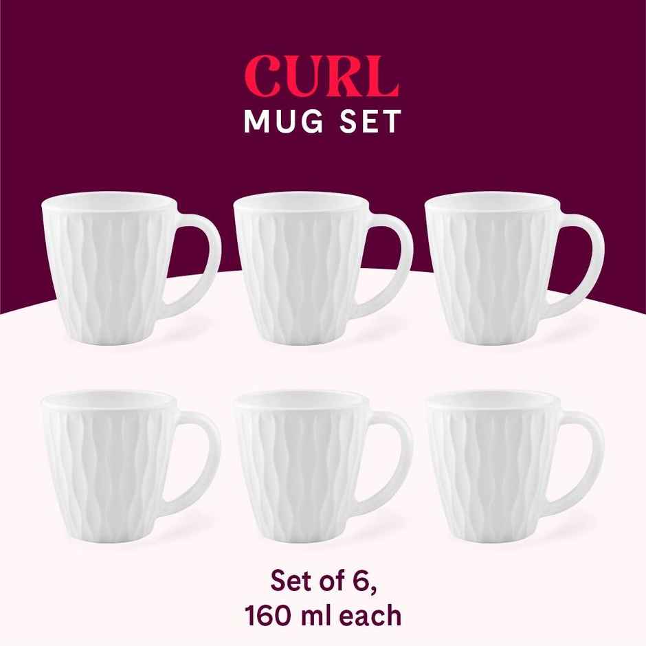 Larah By Borosil Curl Opalware Cup, Set Of 6 Tea/Coffee Cups, 160 ml Each, Crockery Set, White