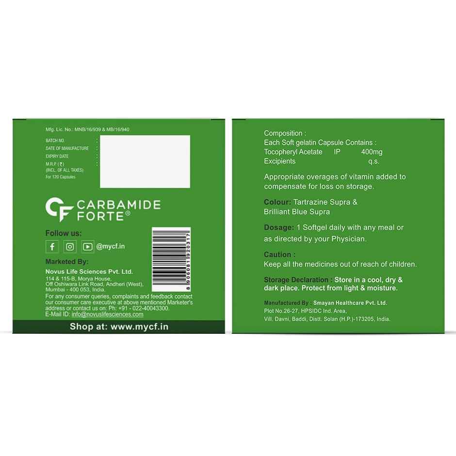 Carbamide Forte 400mg Vitamin E Capsules for Face and Hair with Vitamin E Oil- 120 Capsules