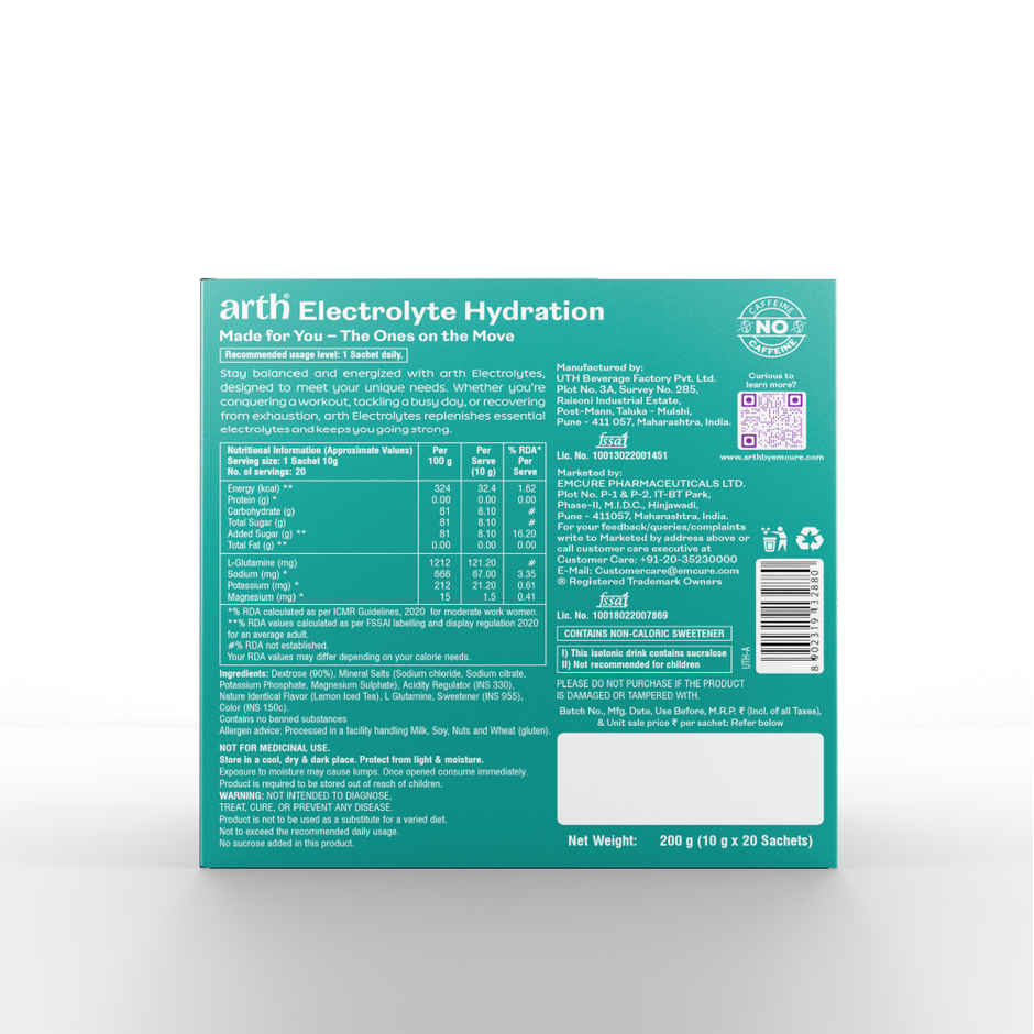 Arth By Emcure Electrolyte for Quick & Daily Hydration | Lemon Iced Tea Flavour
