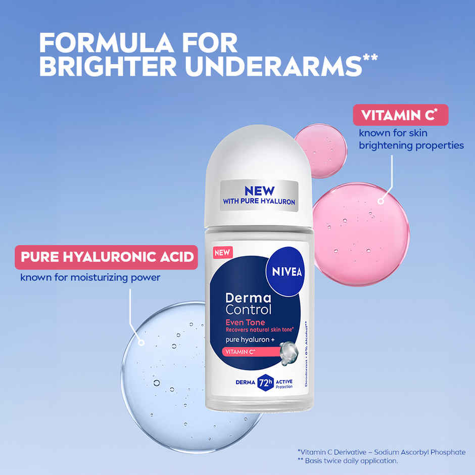 NIVEA Derma Control Eventone Alcohol, Pure Hyaluron and Vit C Underarm Roll On Women