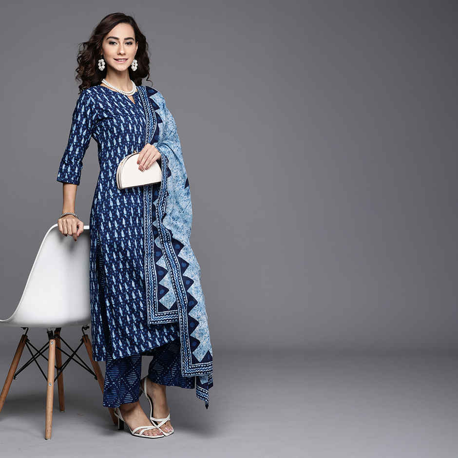 Libas Women Blue Cotton Kurta And Blue Cotton Palazzo With Blue Cotton Dupatta - 20161Os