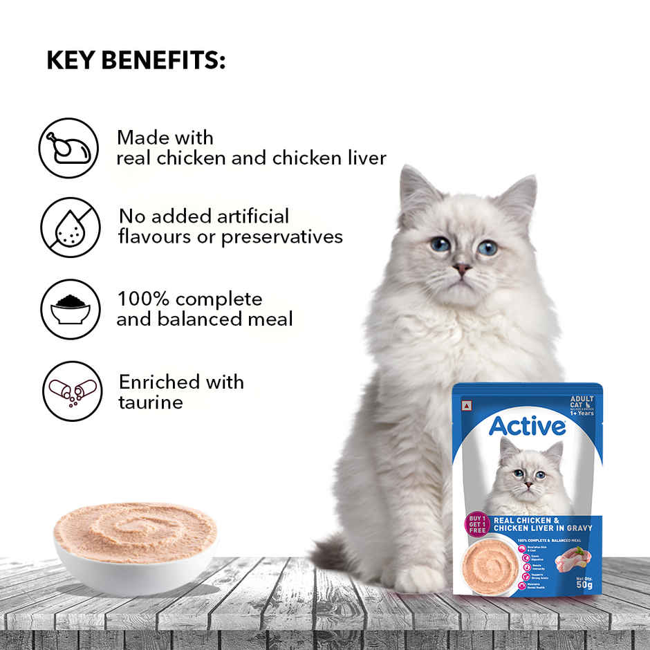 Active Adult Cat Wet Food, Real Chicken in Gravy, 8 Pouches (Buy 1 Get 1 Free)