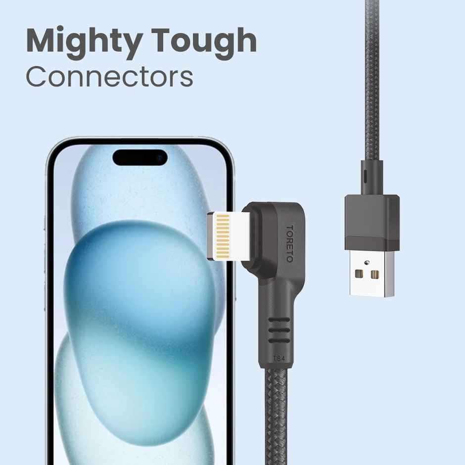 Toreto USB to Lightning 3A Fast Charging Nylon Braided Cable Compatible for iPhone 14,13, 12,11, X, 8, 7, 6, 5, iPad, Macbook, iMac, AirPods, Fast Data Sync, 1Meter - Black