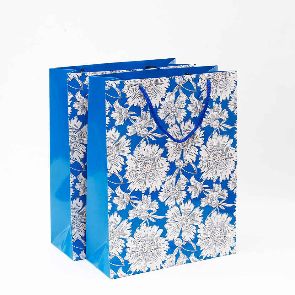 Archies Elegant Blue Floral Pattern Paper Bag | Medium