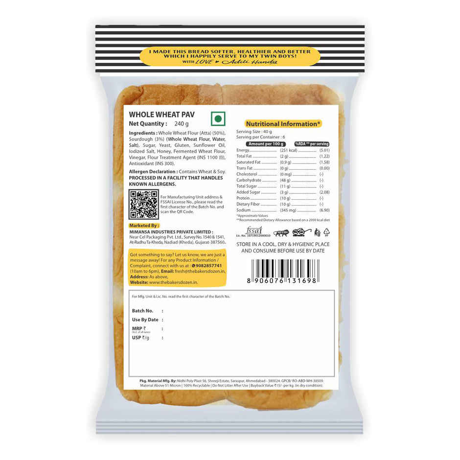 The Baker's Dozen Zero Maida Pav Whole Wheat | Atta Bombay Pav | Gut Friendly | Clean Label