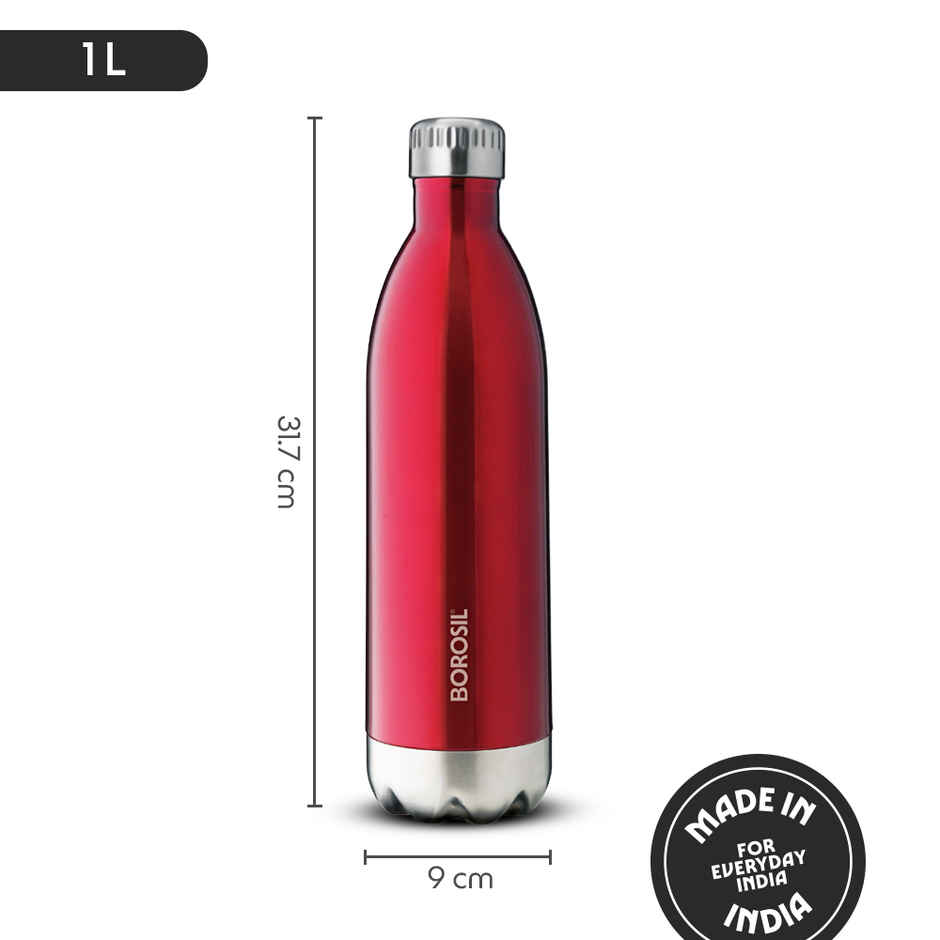 Borosil Bolt Double Wall Vacuum Insulated Stainless Steel Water Bottle | Trans Red | 1 L